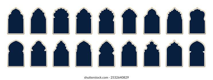 Arabian arc windows, mosque shapes graphic Islam elements. Arab decorative window, Muslim architecture ornate beautiful racy. Frames in Arabic Muslim design. silhouette Moroccan borders or gates