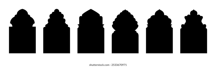 Arabian arc windows, mosque shapes graphic Islam elements. Arab decorative window, Muslim architecture ornate beautiful racy. Frames in Arabic Muslim design. silhouette Moroccan borders or gates