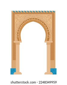 Arabian arch with mosaics. Middle east architecture elements. Ancient gates. Flat vector illustration isolated on white.