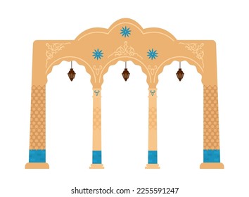 Arabian arch with mosaics. Middle east architecture elements. Ancient gates. Flat vector illustration isolated on white.