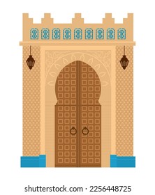 Arabian arch with mosaics. Middle east architecture element. Ancient gates. Flat vector illustration isolated on white.