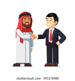 Arabian & asian man standing together shaking hands. Successful business deal, agreement or international partnership. Formal meeting between two multi ethnic partners. Flat style vector illustration.