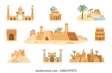 Arabia auténtica arquitectura y escenas del desierto Ilustraciones vectoriales conjunto. Casas árabes antiguas tradicionales, pueblo, castillo, mezquita, puertas, paisaje.