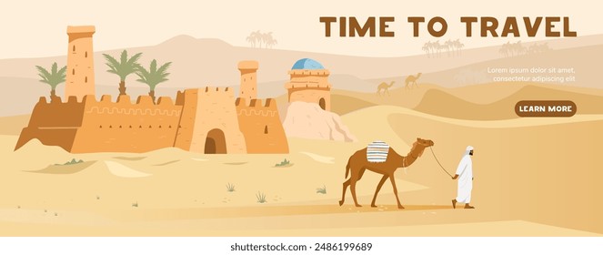 Arabian authentic architecture and desert scenes vector illustrations set. Traditional ancient Arabian houses, village, castle, mosque, gates, scenery.