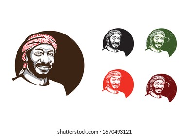 Arabian beard man wearing shemagh on head and smiling mascot for coffee or welcoming logos and brands