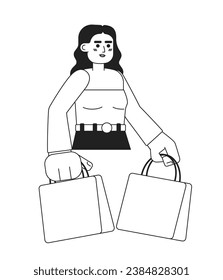 Arabian brunette with shopping bags monochromatic flat vector character. Buying stuff. Editable thin line half body person on white. Simple bw cartoon spot image for web graphic design