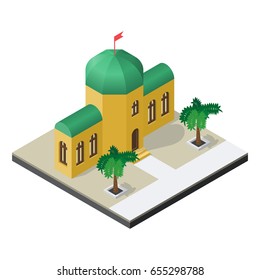 Arabian building with palm trees in isometric view.