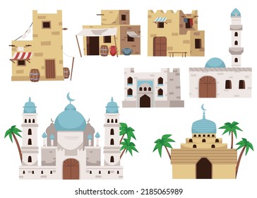 Arabian buildings and islamic prayer houses set, flat vector illustration isolated on white background. Ancient city houses and marketplaces. Traditional old mud brick building. islamic architecture.