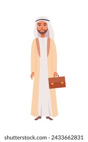 Arabian business man. Muslim male with suitcase in office. Cartoon vector illustration isolated on white. Saudi teacher, manager, engineer, worker.