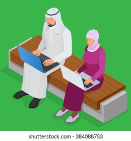 Arabian business man working on Laptop. Arab businesswoman hijab working at a laptop. Vector flat 3d isometric illustration. 