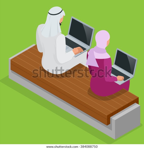ノートパソコンで働くアラビアの実業家 ノートパソコンで働くアラブのビジネスマンヒジャブ ベクター平面3dアイソメイラスト のベクター画像素材 ロイヤリティフリー
