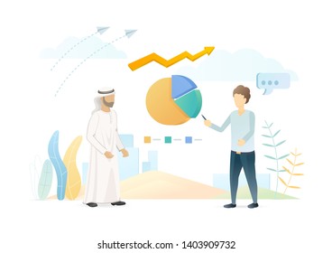 Arabian business partner flat vector illustration. Male entrepreneurs discussing business project in UAE cartoon characters. Investment expert making economic analysis, analyzing income, profit rates.
