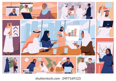 Arabian business people. Saudi man and woman entrepreneurs or company employee discussing project, making deal and working in office. Cartoon flat vector illustration collection isolated on background