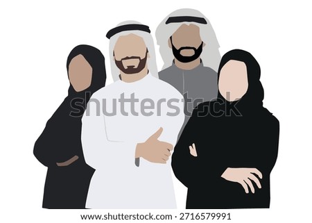 Arabian business team content from two men and two women in traditional clothes of emirate or qatar with white background