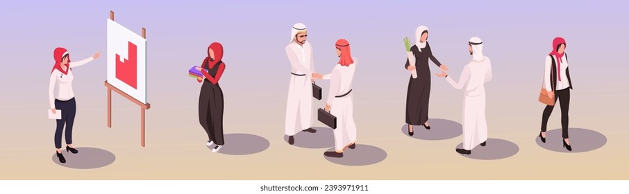 Arabian businessman and businesswoman collection. Set of business people having meeting for cooperation and partnership, cute design characters, traditional muslim cloth. Isometric vector illustration