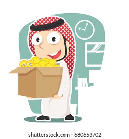 arabian businessman carrying box full of bulb