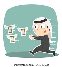 arabian businessman chasing flying hourglass