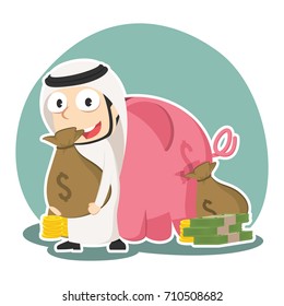 arabian businessman holding money sack behind piggy bank