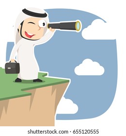 arabian businessman looking through monocular on cliff