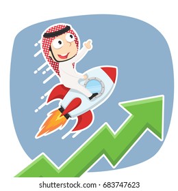arabian businessman on rocket with raising graph