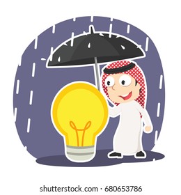 arabian businessman protecting bulb with umbrella