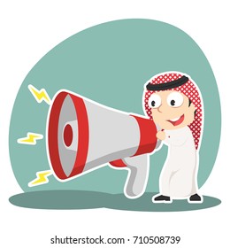 arabian businessman talking into big megaphone