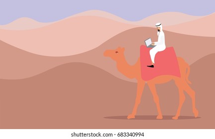 Arabian businessman working with laptop computer sitting on camel riding in the desert. Work anywhere and internet work concept illustration vector.
