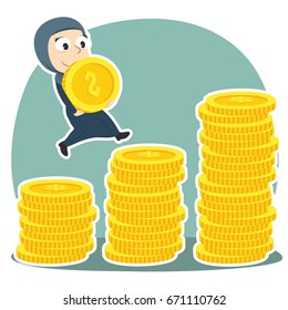 arabian businesswoman climbing coin stairs while holding coin