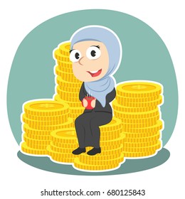 arabian businesswoman drinking coffee on a stack of coins