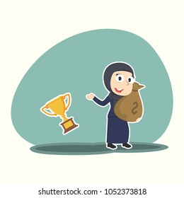 Arabian Businesswoman Holding Money Sack and Throw the Trophy