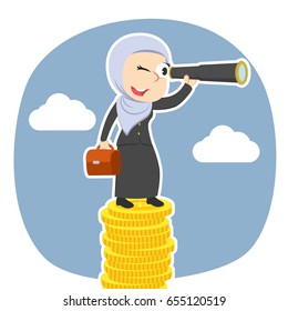 arabian businesswoman looking through monocular on coins