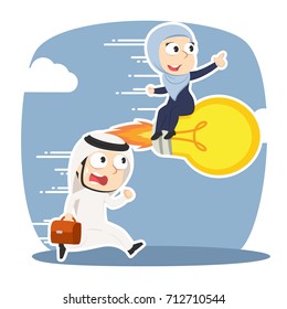 arabian businesswoman on bulb racing against arabian businessman