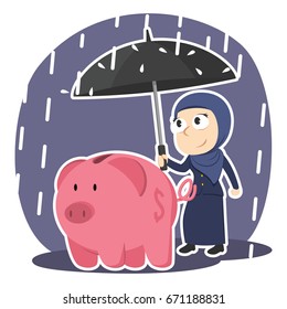 arabian businesswoman protecting piggy bank with umbrella
