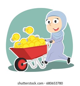arabian businesswoman pushing wheelbarrow full of ideas