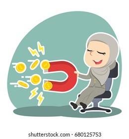 arabian businesswoman relaxing using magnet to attract coin