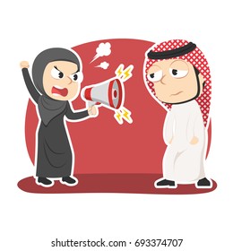 arabian businesswoman yelling with megaphone to her male employee