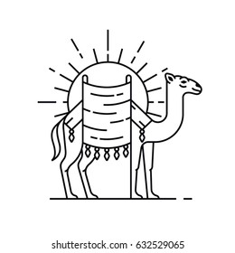 Arabian camel in desert, vector travel illustration, flat icon, white background