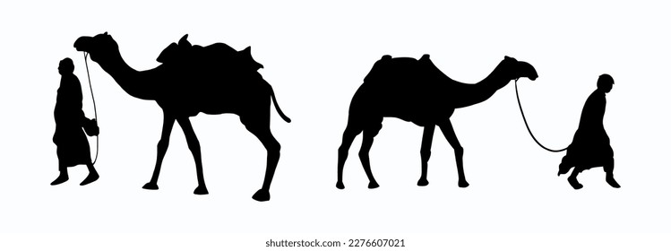 arabian camel illustration collection, flat vector design. arabian desert camels, with people migrating. suitable for elements on ramadan, greeting cards, posters, flyers.