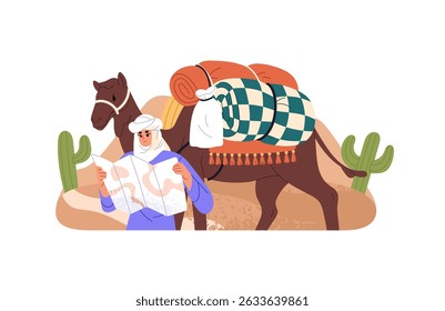 Árabe com camelo navega com mapa na viagem do deserto. O turista viaja na natureza, procura o caminho para o destino. Muçulmanos procuram por rota em dunas arenosas. Ilustração de vetor isolado plano em branco