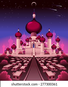 Arabian Castle In The Night, Vector Illustration