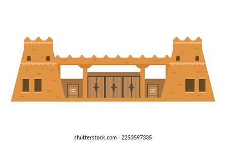 Arabian castle wall with gates and towers. Middle east architecture element. Ancient gates. Flat vector illustration isolated on white.