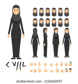 arabian casual woman character set. Full length. Different view, emotion, gesture.
