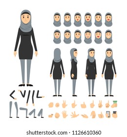 arabian casual woman character set. Full length. Different view, emotion, gesture.
