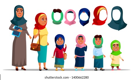 Arabianische Charaktere Frauen tragen Hijab-Vektorgrafik. Religionsmuslimische Erwachsenenfrauen und kleine Mädchen mit dem bunten Hijab-Kopftuch der Mode im Osten. Farbige Illustration von Flachkarton