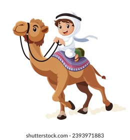 Arabian child rider mounted brown camel. Decorated saddle. Boy upon wildlife animal with hump. Sahara desert transportation. Isolated on white background. Vector illustration