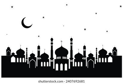 Silueta negra de la ciudad árabe. La mezquita blanca negra silhoutte el fondo vectorial. Ramadan Kareem