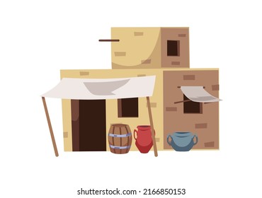 Arabian city building exterior, flat vector illustration isolated on white background. Traditional mud brick house with awnings and wooden barrels. Ancient Egypt residential or market buildings. svg