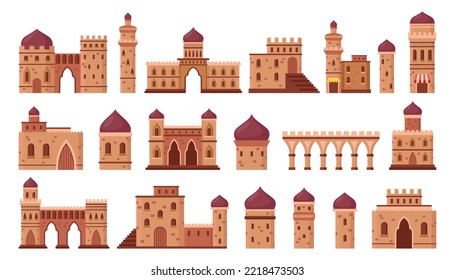 Arabian city or landscape elements vector illustrations set. Cartoon drawings of old or ancient Islamic or Muslim castles for Arab village or town on white background. Architecture, traveling concept