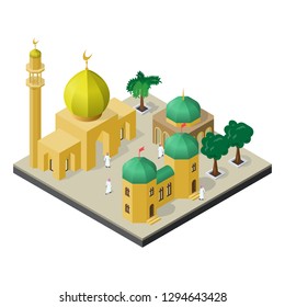 Arabian city life in isometric view. Mosque, muslims, urban buildings and trees.