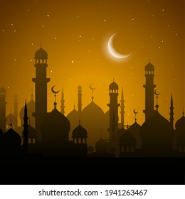 Arabian city, Ramadan Kareem holiday sunset or night scene with arab mosques and minarets silhouettes under orange starry sky with crescent moon. Islamic architecture cartoon scenery background